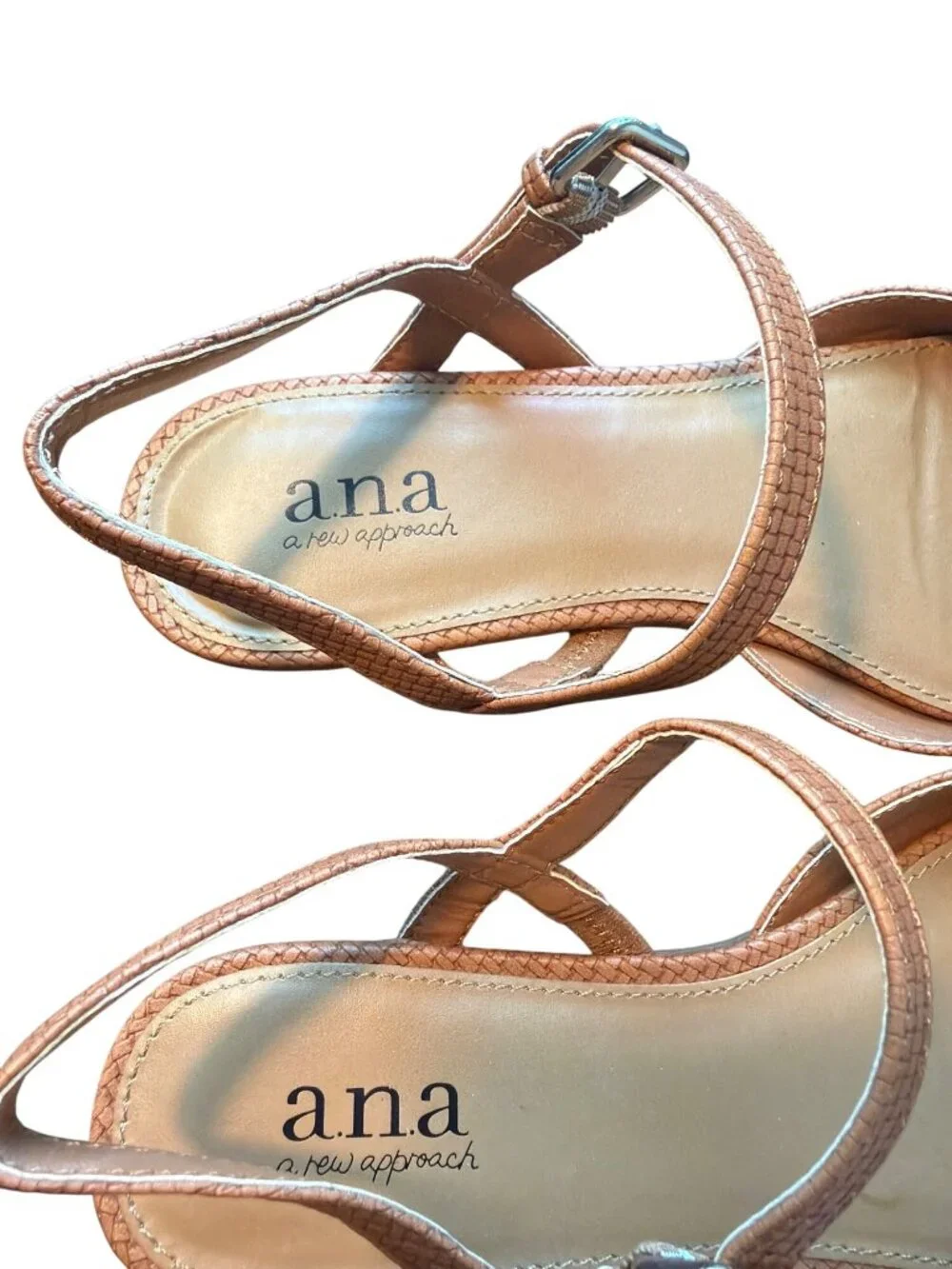 A.N.A Tan Woven Square Toe Slingback Sandals Shoes Buckle Farber 018-0226 Sz 7